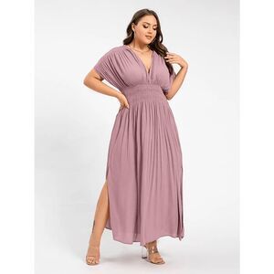 V-Neck Pocket Ruched Waist Maxi